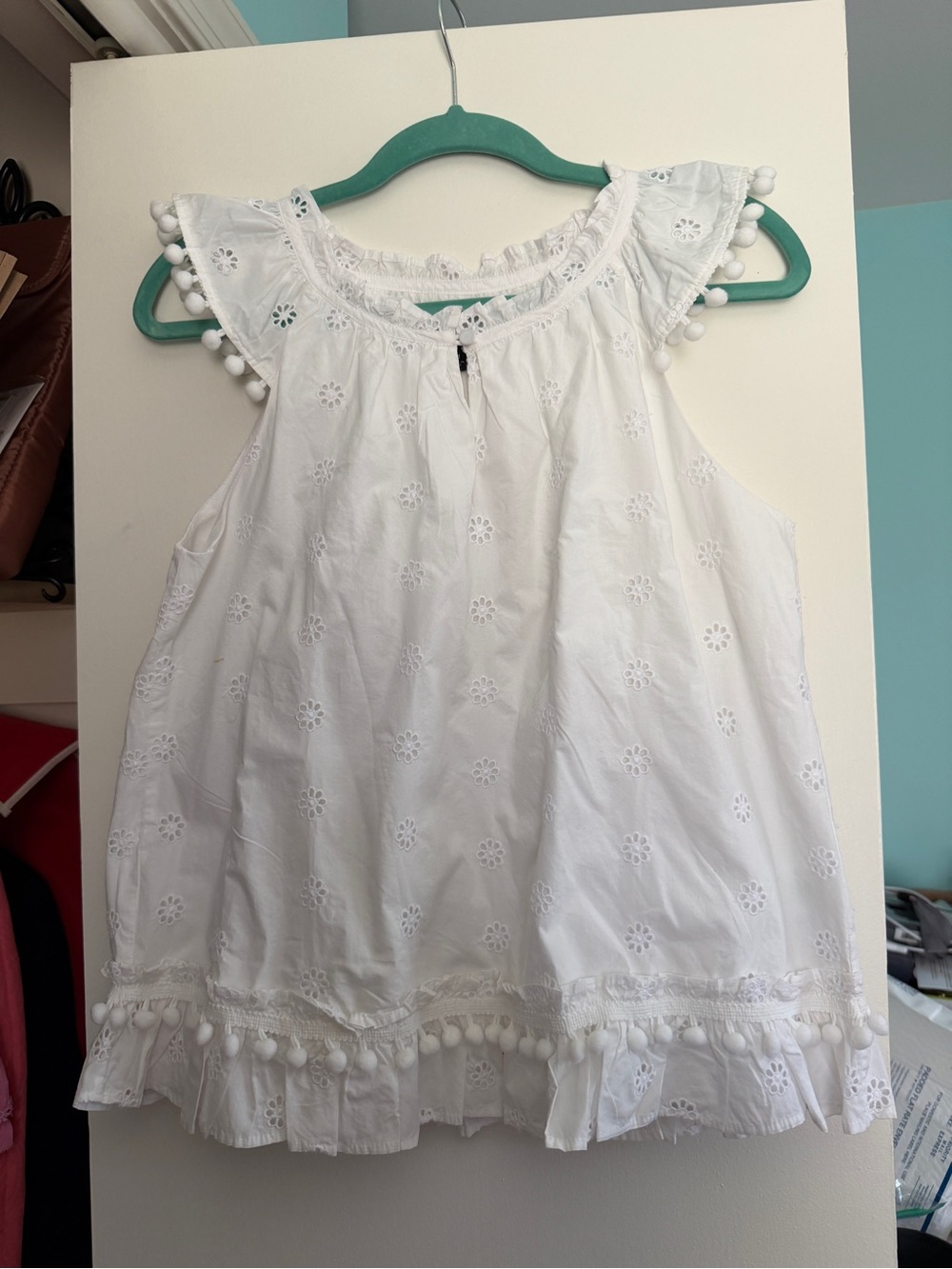 J. Crew White Eyelet Pom-Pom Trim Sleeveless Blouse